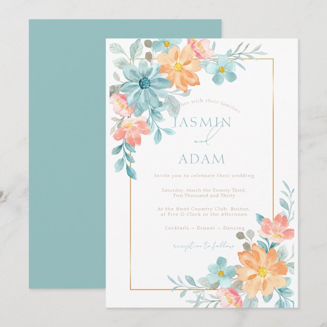 Invitación Boda floral azul y Naranja moderno (Anverso / Reverso)