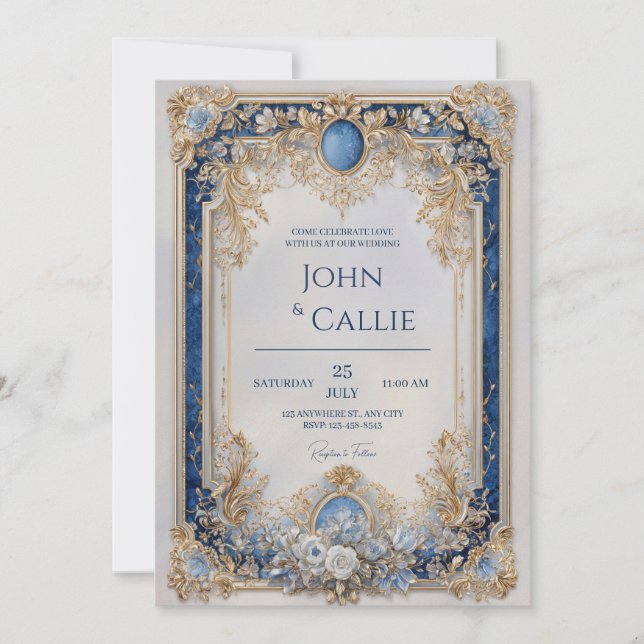 Invitación Boda Floral Azul y Oro de Victoria (Anverso)