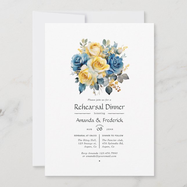 Invitación Boda floral azul y oro Ensayo de cena (Anverso)