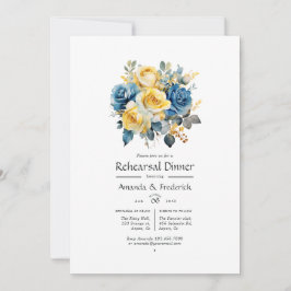 Invitación Boda floral azul y oro Ensayo de cena