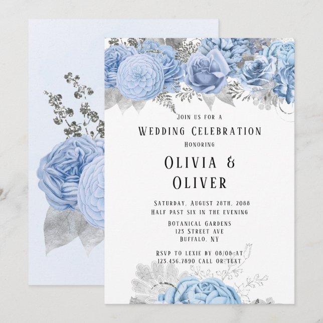 Invitación Boda floral azul y plateado agitado (Anverso / Reverso)