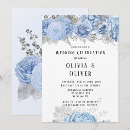 Invitación Boda floral azul y plateado agitado