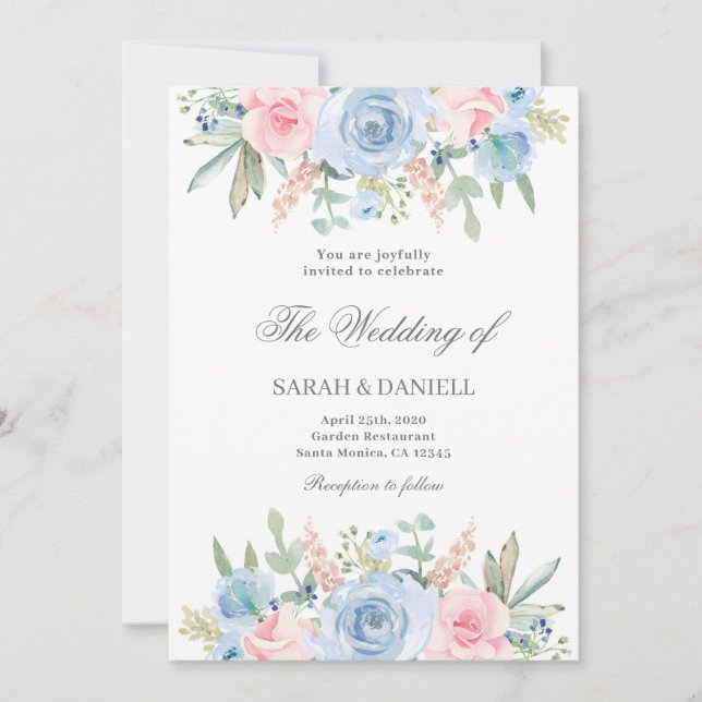 Invitación Boda floral azul y rosa (Anverso)