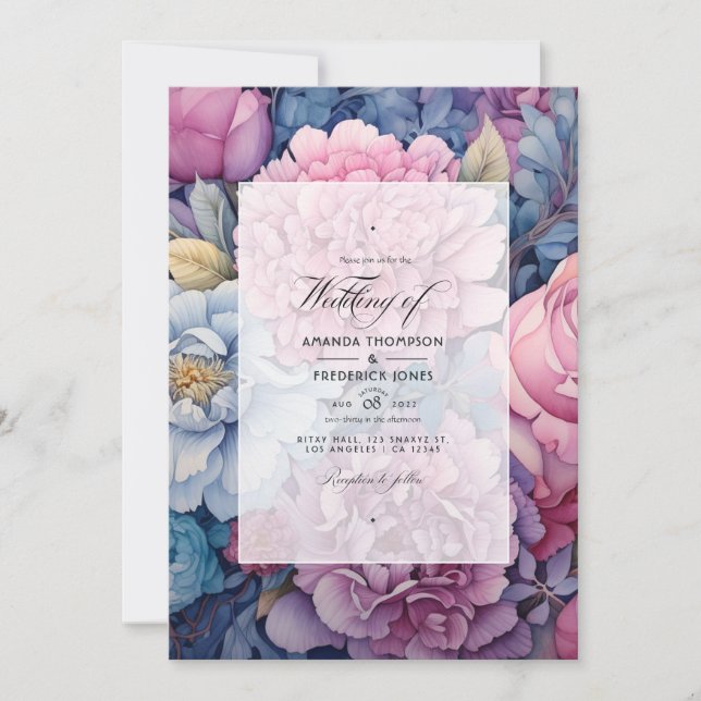 Invitación Boda floral azul y Rosa turbio (Anverso)