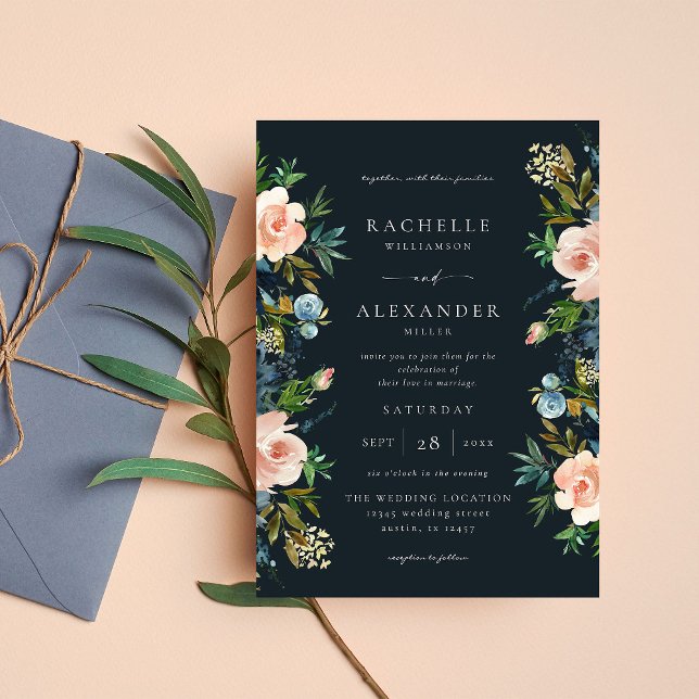 Invitación Boda floral azul y rosa V2 de la Marina (Subido por el creador)