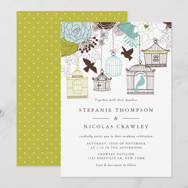Invitación Boda Floral Azul y Verde (Anverso / Reverso)