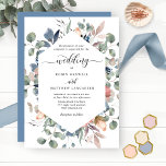 Invitación Boda floral azul y verde alegre<br><div class="desc">Los huéspedes podrán deleitarse con esta elegante invitación floral acuática. Invitación que muestra los detalles de su boda en un marco geométrico rodeado de delicados follajes acuarelas pintados a mano y detalles de flor delgada en una elegante combinación de color rosa rubor, marfil, rosa polvoriento, polvorientos tonos azules y sabios....</div>