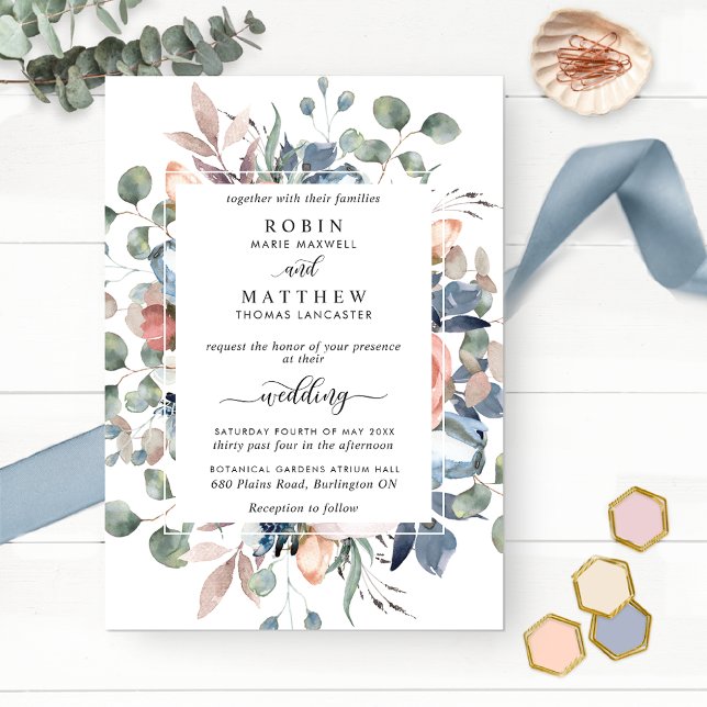 Invitación Boda floral azul y verde alegre (Subido por el creador)