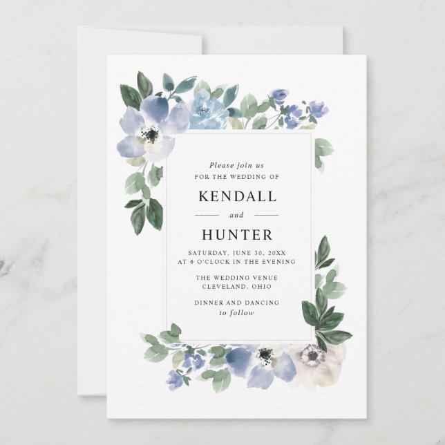 Invitación boda floral azul y verde pintado (Anverso)