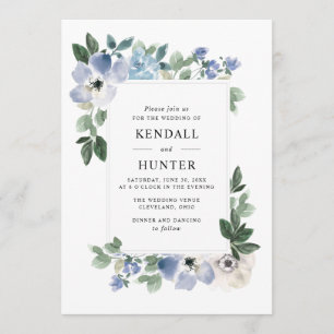 Invitación boda floral azul y verde pintado
