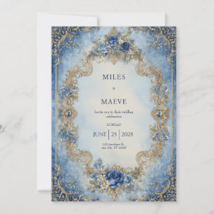 Invitación Boda Floral Azul Zafiro Victoriano Regio