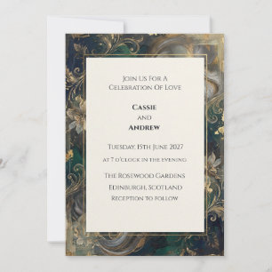 Invitación Boda Floral Barroca en Esmeralda Teal y Dorado