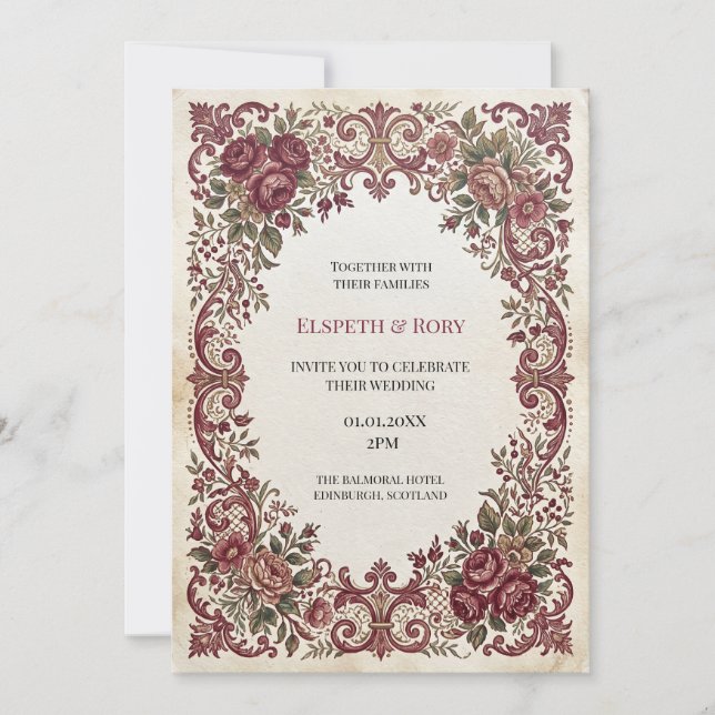 Invitación Boda floral barroca rosa polvorienta (Anverso)