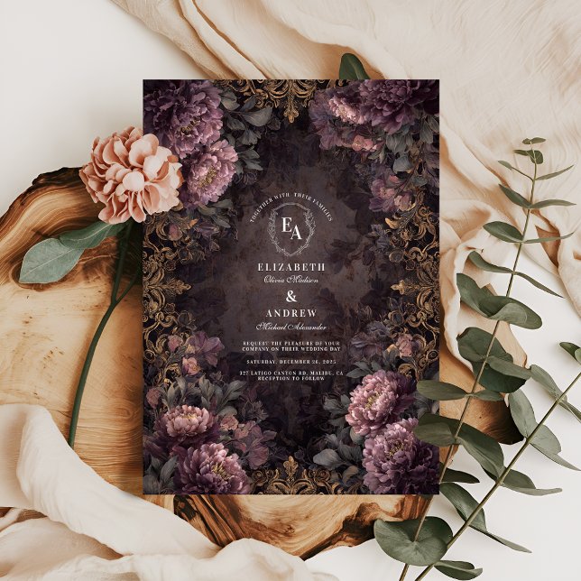 Invitación Boda floral barroco negro y Rubor (Subido por el creador)