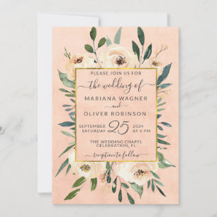 Invitación Boda Floral Beige Rubor Dorado sobre Rosa