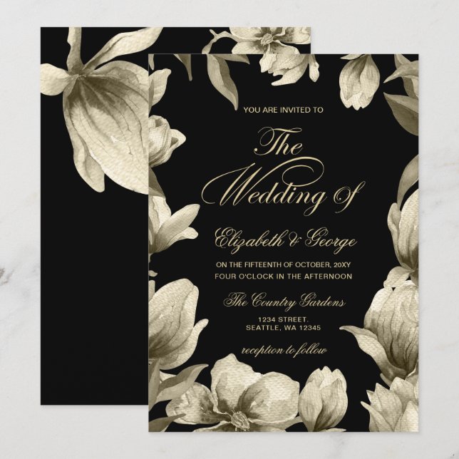 Invitación Boda Floral Black and Gold (Anverso / Reverso)