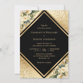 Invitación Boda floral Black Gold Ivory Cream Confetti