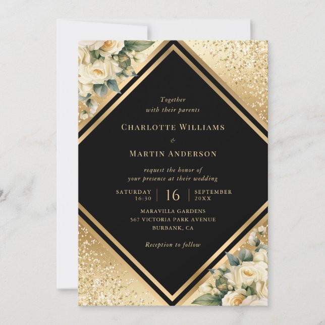 Invitación Boda floral Black Gold Ivory Cream Confetti (Anverso)