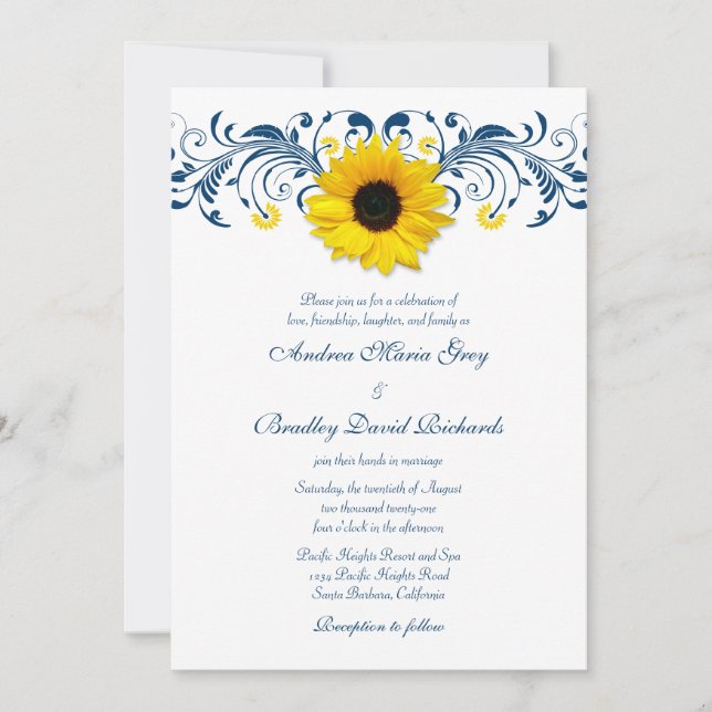 Invitación Boda floral blanca amarilla azul de la marina del  (Anverso)