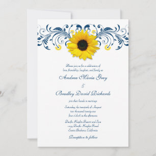 Invitación Boda floral blanca amarilla azul de la marina del 
