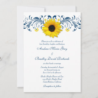 Invitación Boda floral blanca amarilla azul de la marina del