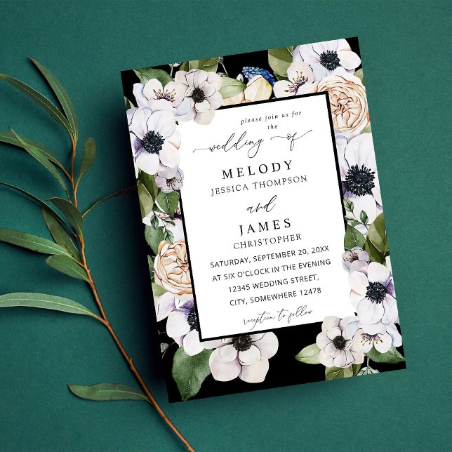 Invitación Boda Floral Blanca Anemone - Negro (Subido por el creador)