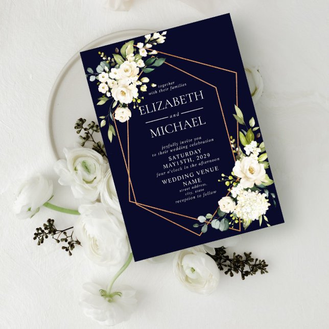 Invitación Boda Floral blanca azul de la Marina Geométrica de (Subido por el creador)