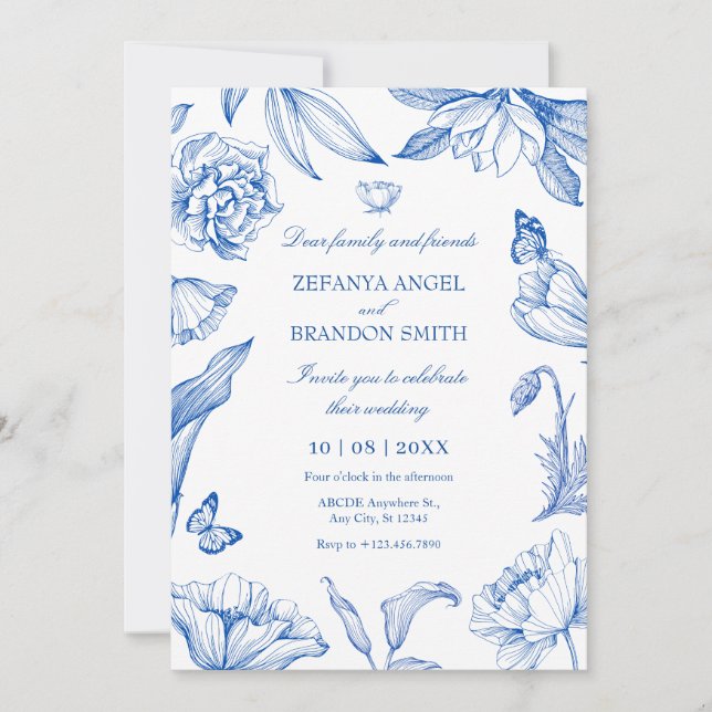 Invitación Boda floral blanca azul elegante (Anverso)