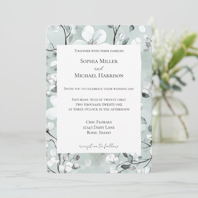 Invitación Boda floral blanca azul gris chic (Anverso de pie)