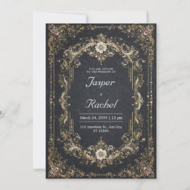 Invitación Boda Floral Blanca Barroca de Oro Negro Opulento