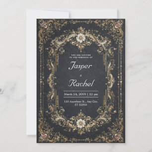 Invitación Boda Floral Blanca Barroca de Oro Negro Opulento