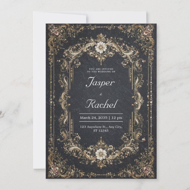 Invitación Boda Floral Blanca Barroca de Oro Negro Opulento (Anverso)