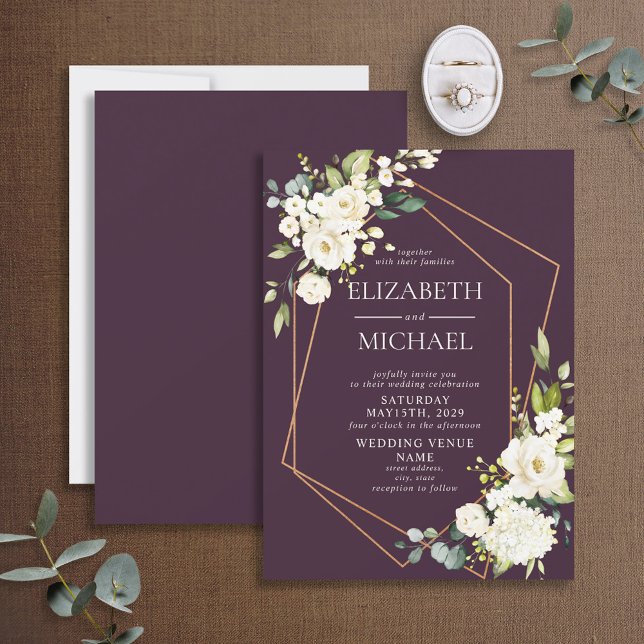 Invitación Boda Floral Blanca Borgoña Geométrica de Cobre (Subido por el creador)