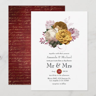Invitación Boda floral blanca, borgoña y dorada