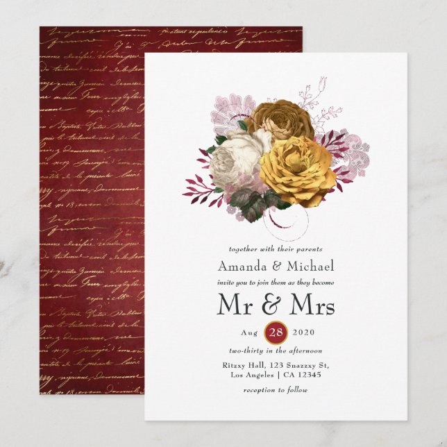 Invitación Boda floral blanca, borgoña y dorada (Anverso / Reverso)