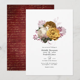 Invitación Boda floral blanca, borgoña y dorada