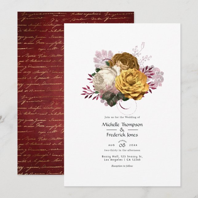 Invitación Boda floral blanca, borgoña y dorada (Anverso / Reverso)