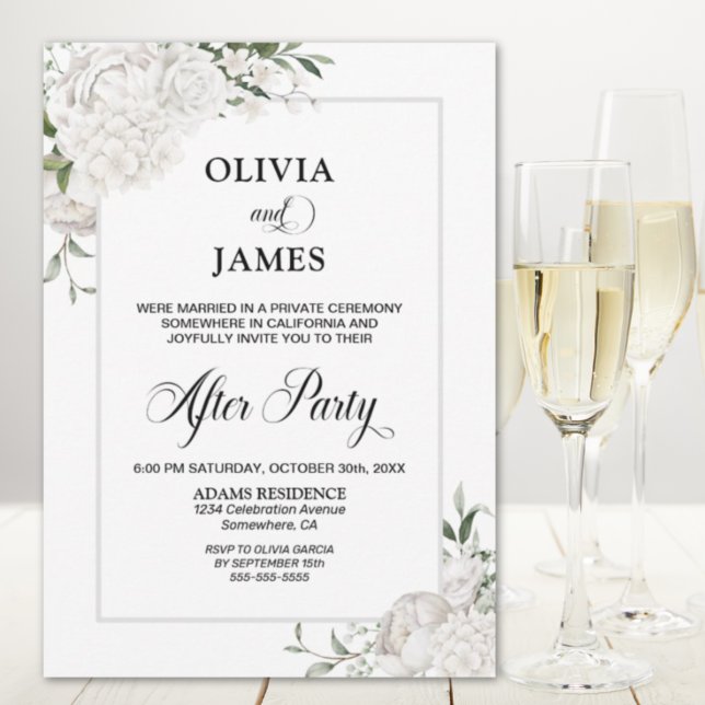 Invitación Boda Floral blanca de borde gris después de Fiesta (Subido por el creador)