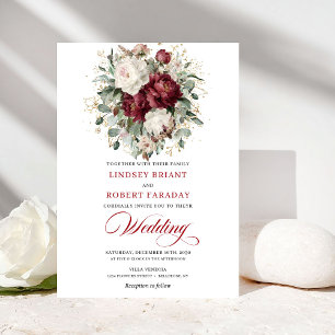 Invitación Boda floral blanca de Borgoña rústica con eucalipt