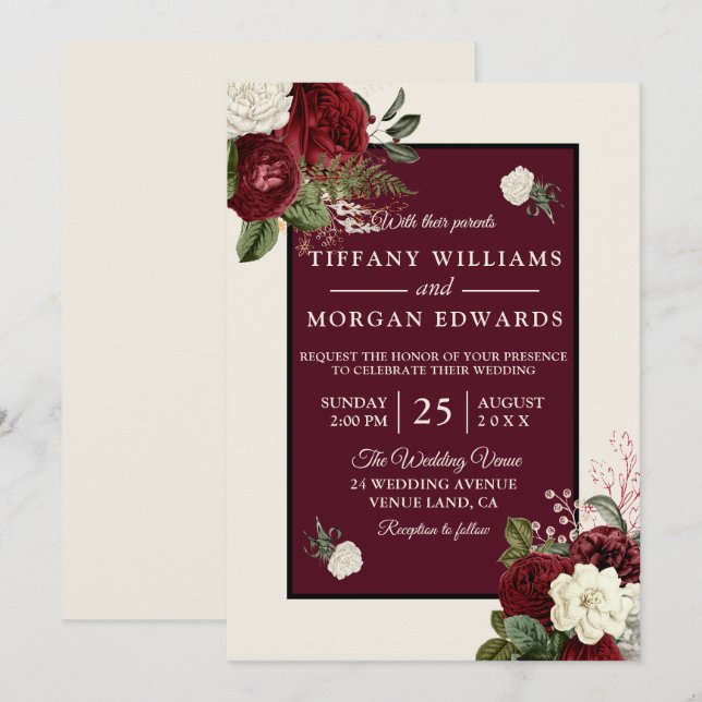 Invitación Boda floral blanca de champán borgoñona romántica (Anverso / Reverso)