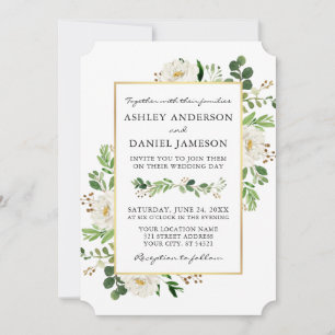 Invitación Boda Floral blanca de color de agua verde oro