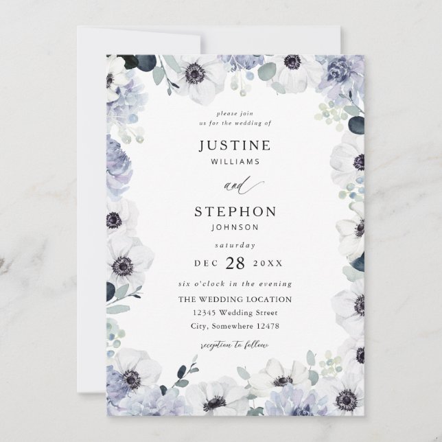 Invitación Boda Floral Blanca de Invierno de Anemone y Eucaly (Anverso)