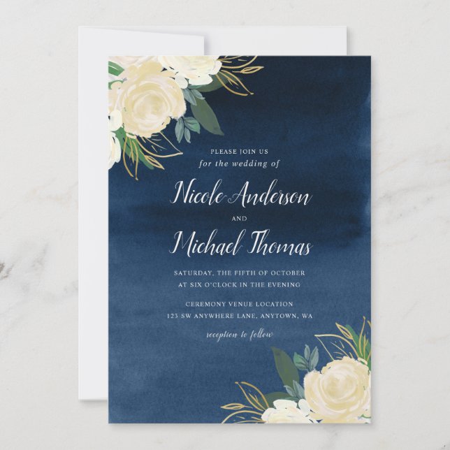 Invitación Boda floral blanca de la acuarela de los azules (Anverso)
