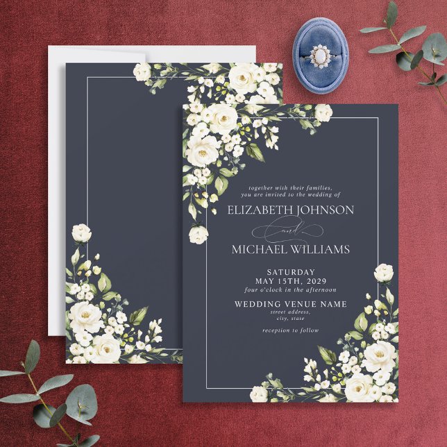 Invitación Boda Floral blanca de la vegetación botánica azul  (Subido por el creador)