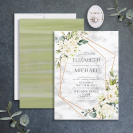 Invitación Boda Floral blanca de mármol geométrico de cobre