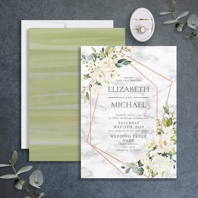 Invitación Boda Floral blanca de mármol geométrico de cobre (Subido por el creador)