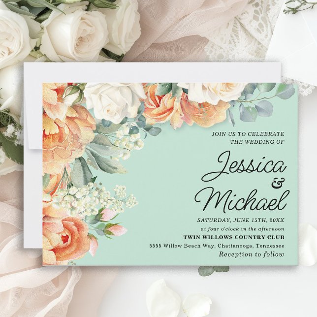 Invitación Boda floral blanca de melocotón y menta (Peach and white roses on mint green wedding invitation)