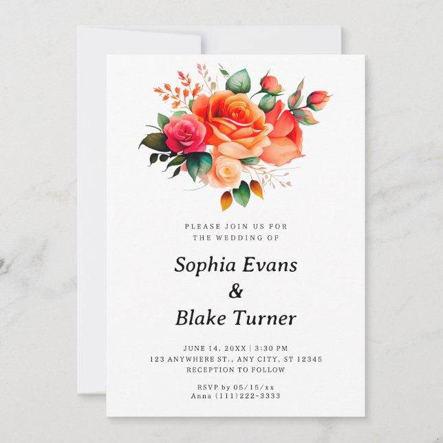 Invitación Boda floral blanca de rosas naranja y rosa (Anverso)