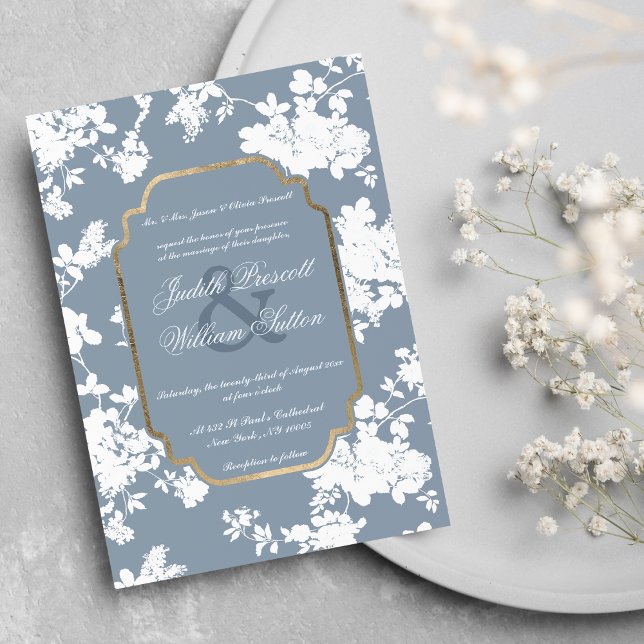 Invitación Boda Floral Blanca Dorada Azul Dusty de Estilo Vin (Vintage Style Dusty Blue Gold White Floral Wedding Invitation )
