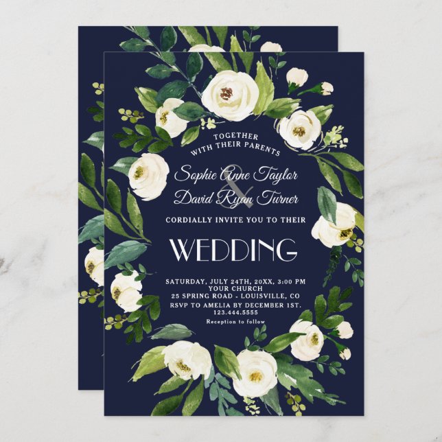 Invitación Boda floral blanca elegante acuarela azul oscuro (Anverso / Reverso)